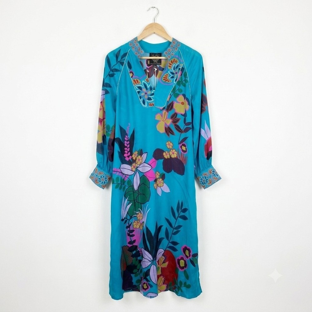 Johnny Was Jade Floral Print Silk Blend Shift Midi Luxe Boho Dopamine Dress M